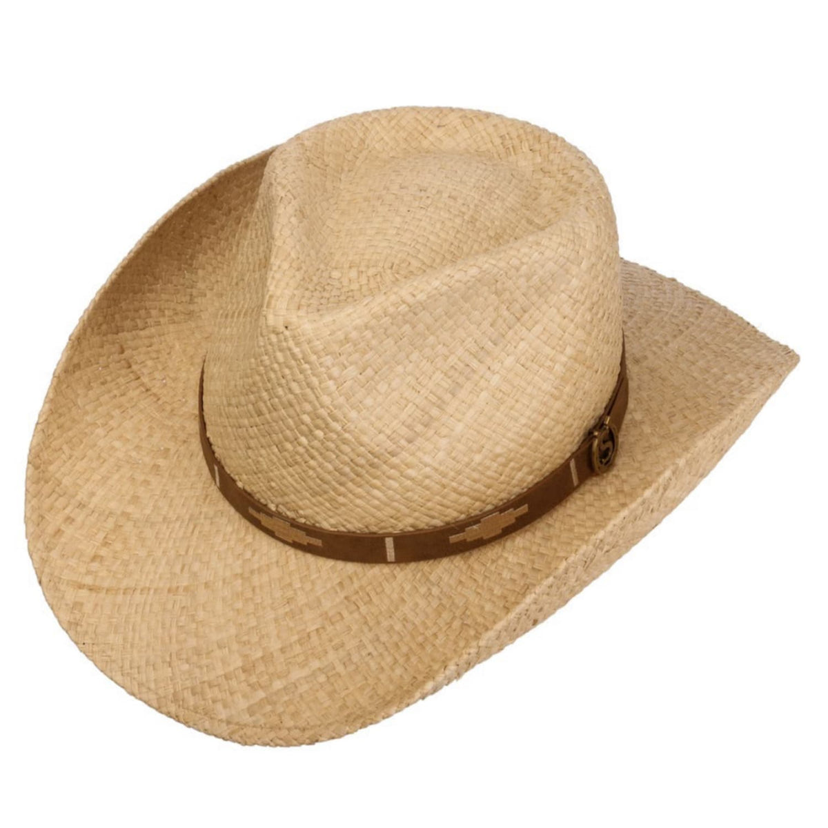 Stetson straw cowboy hat with a brown band on a white background