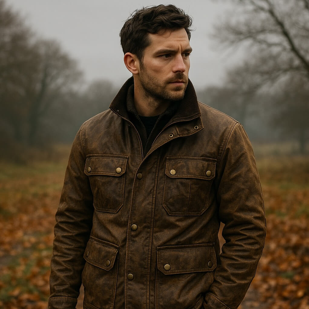 Man wearing Filson waxed canvas jacket