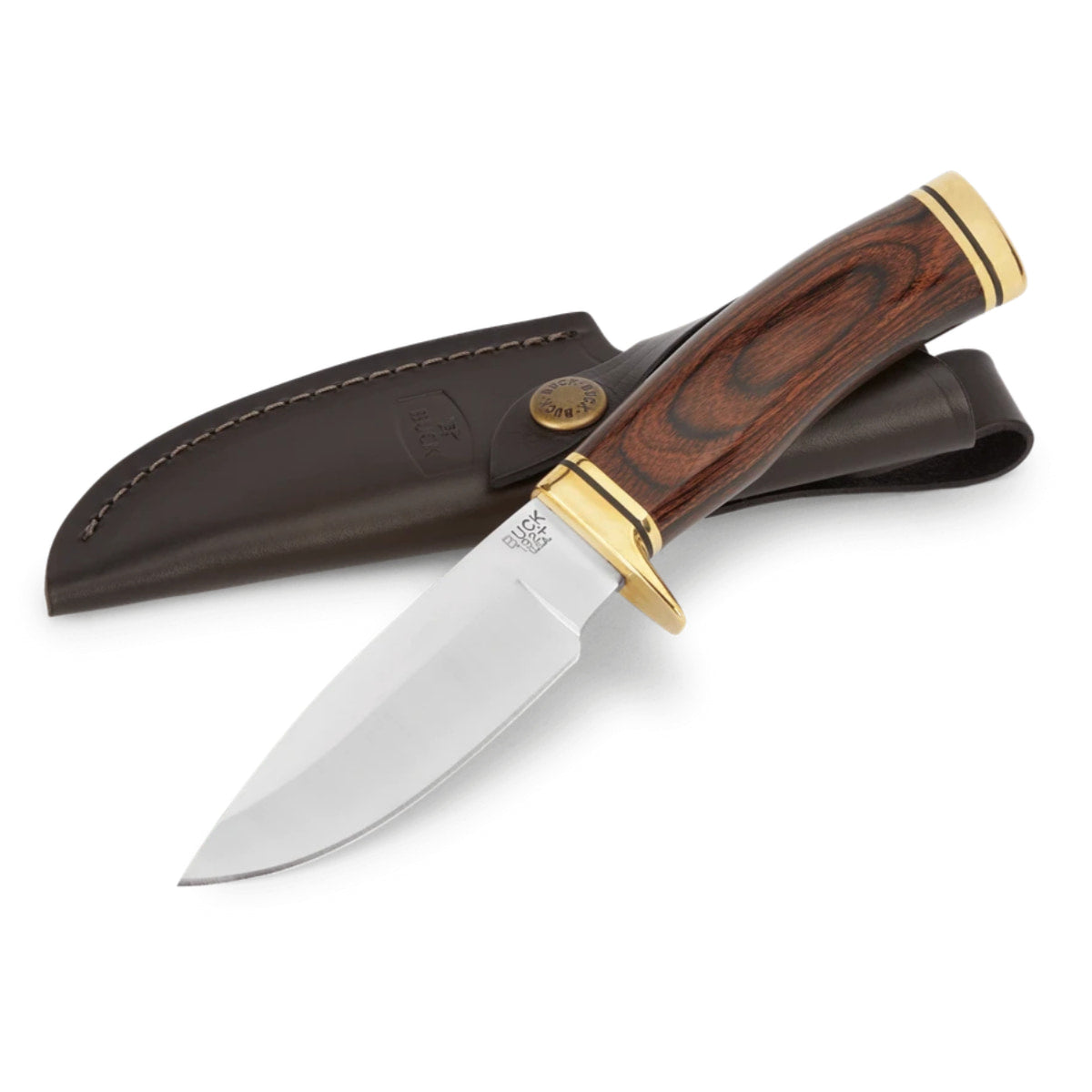 A fixed-blade Buck 192 Vanguard Knife, a brown wood-grain handle, and brass accents, displayed next to its dark brown leather sheath on a white background.