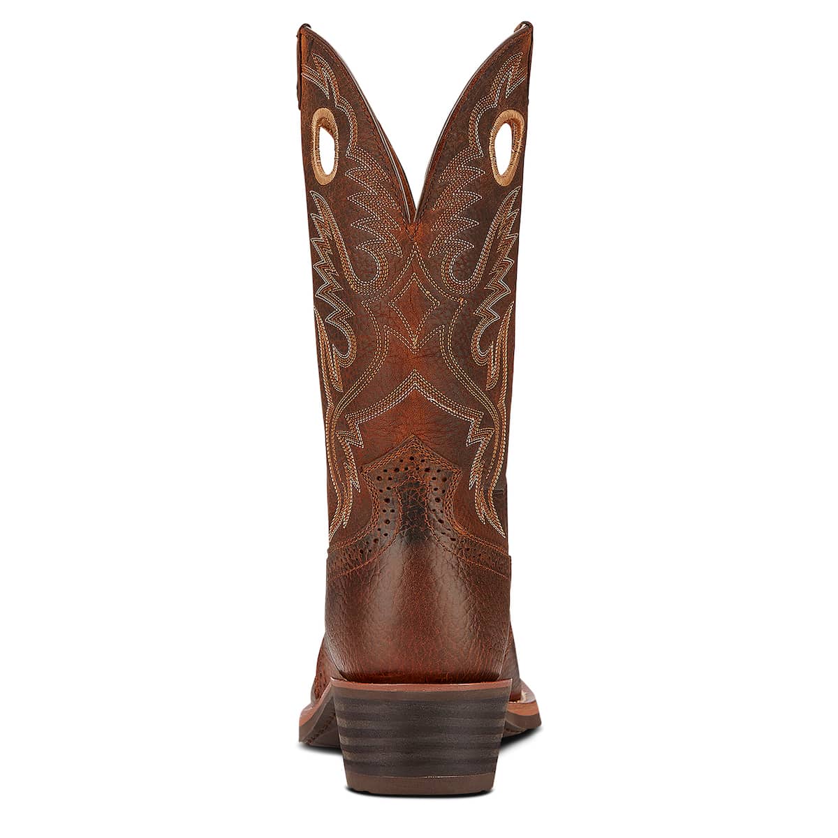 A single brown leather Ariat cowboy boot shown from the back, featuring decorative western stitching and cutouts near the top, set against a plain white background.