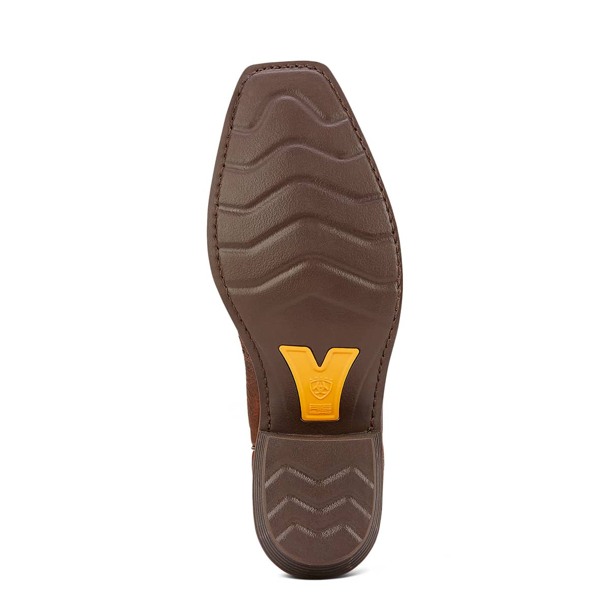 The outsole of a brown leather boot, showing a textured tread pattern and a bright yellow heel accent with an embossed 'Y' logo, on a white background.
