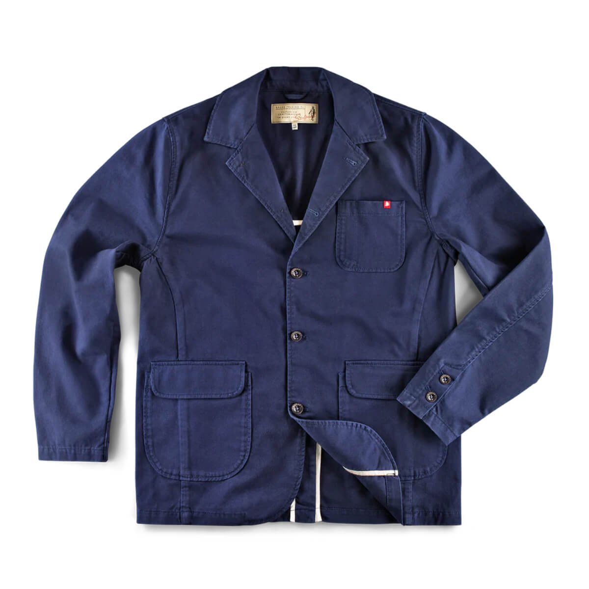 Navy blue jacket with button details on a white background