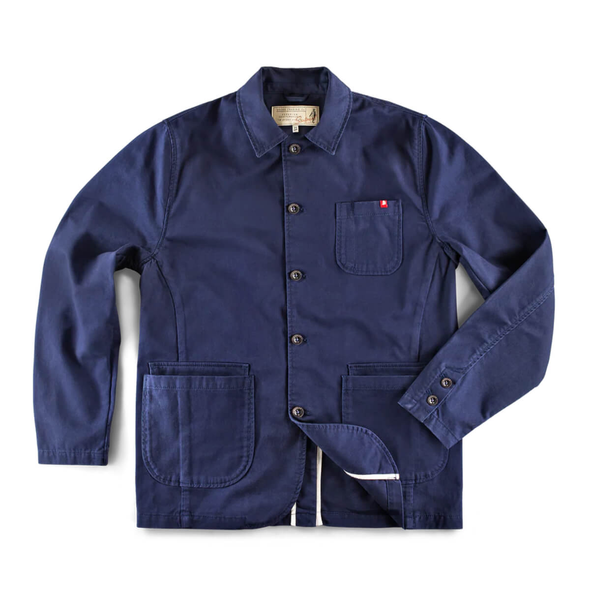 Navy blue jacket with button details on a white background