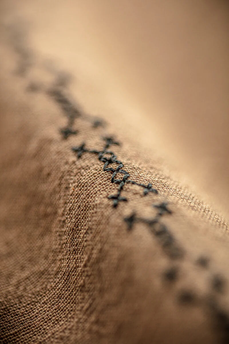 Close-up of embroidered fabric with intricate patterns on a beige background