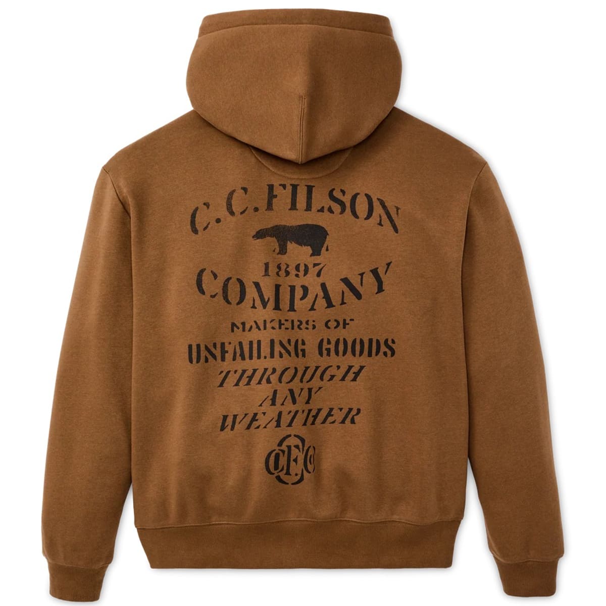 A brown Filson hooded sweatshirt shown from the back, featuring a black vintage-style printed graphic that reads 'C.C. Filson'