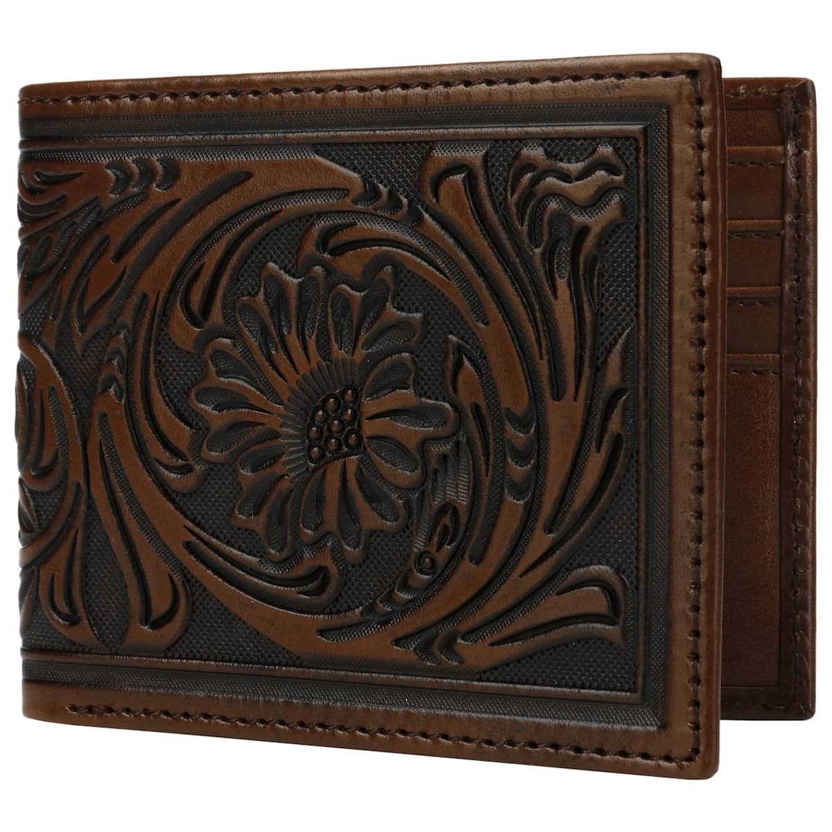 Brown leather wallet with intricate floral embossing on a white background