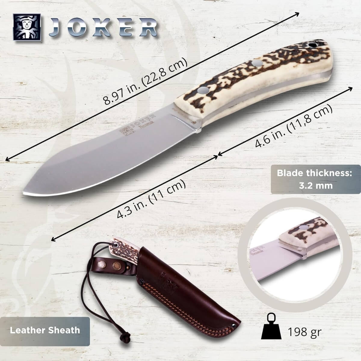 Joker knife with measurements and details on a light wooden background