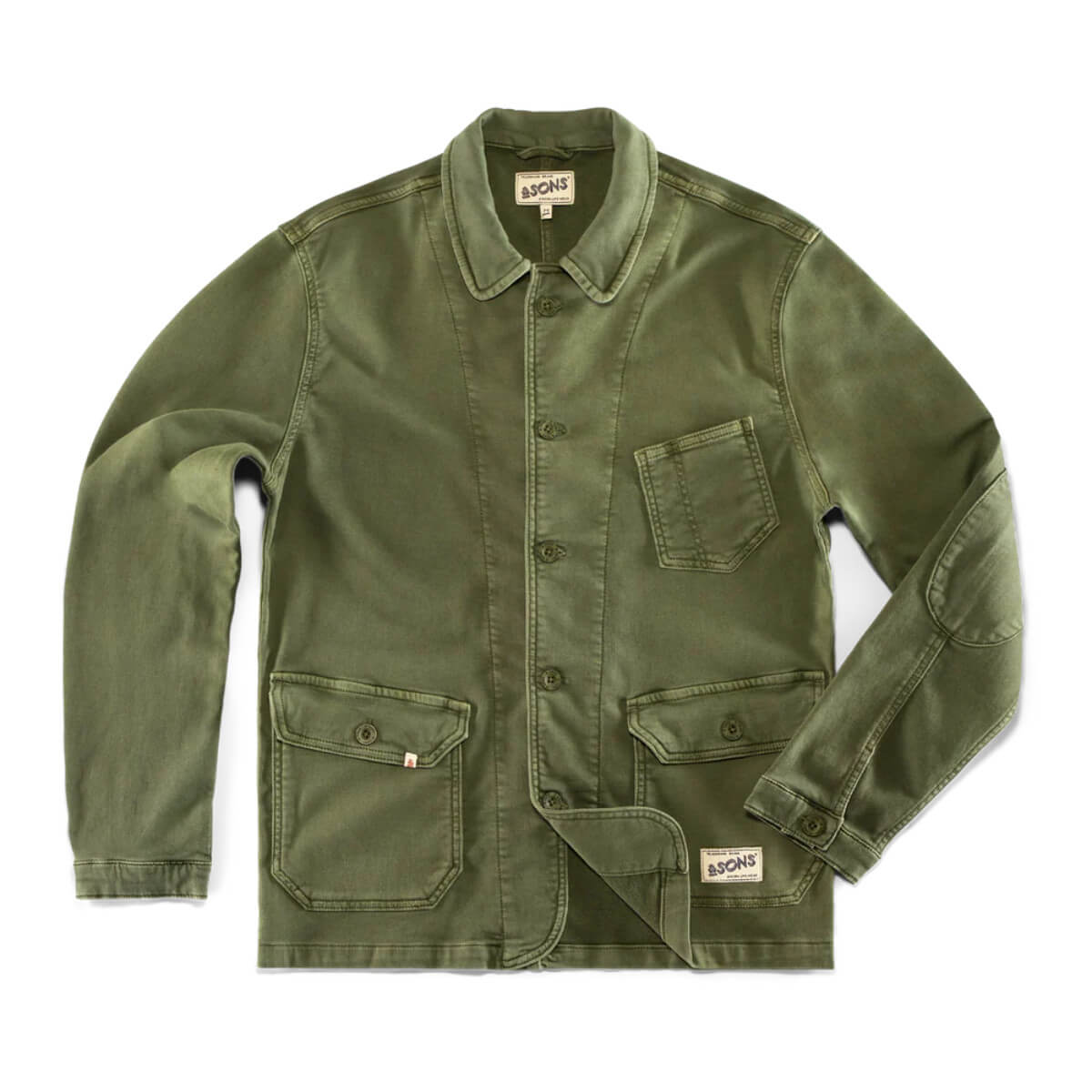 Green jacket with multiple pockets on a white background