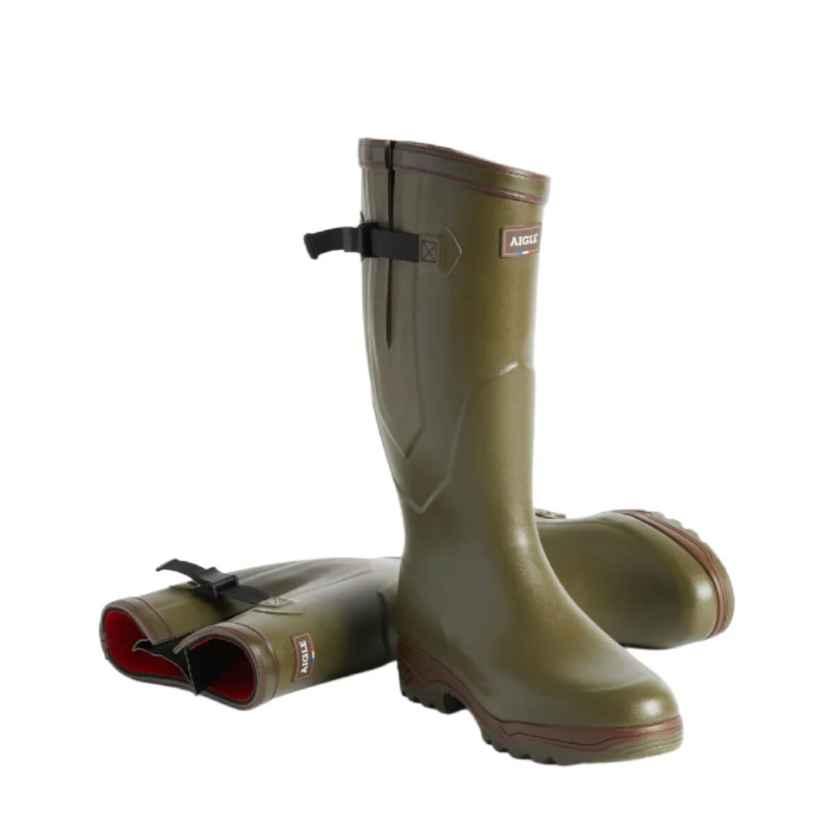 Pair of green rubber boots with a visible brand logo on a white background