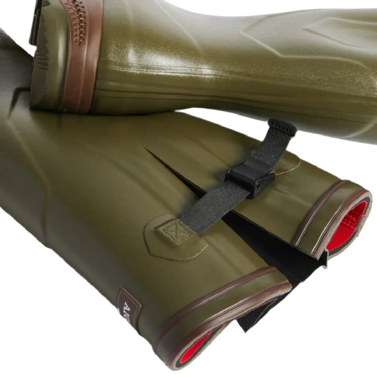 Pair of green rubber boots with a strap on a white background