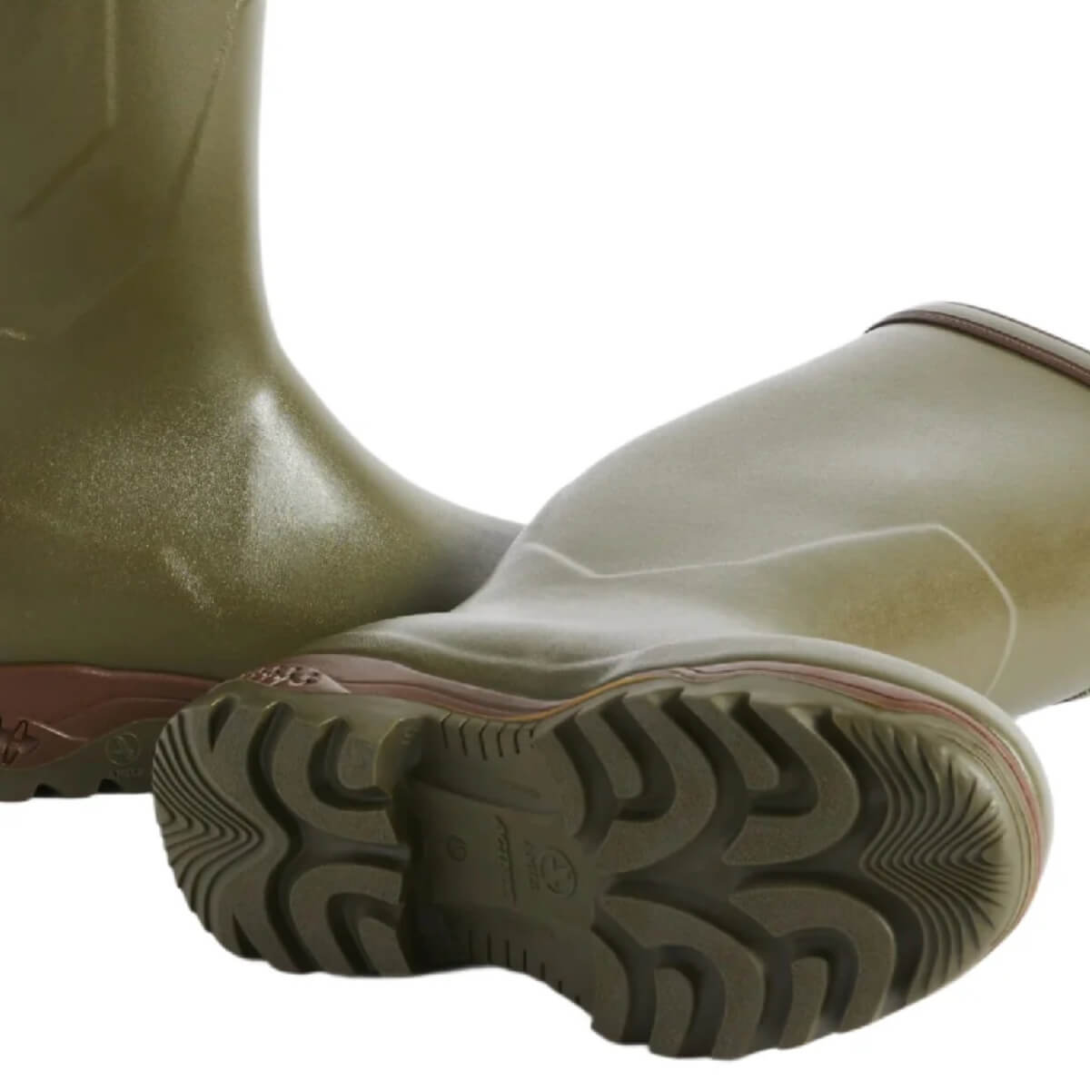 Close-up of beige rubber boots with a white background