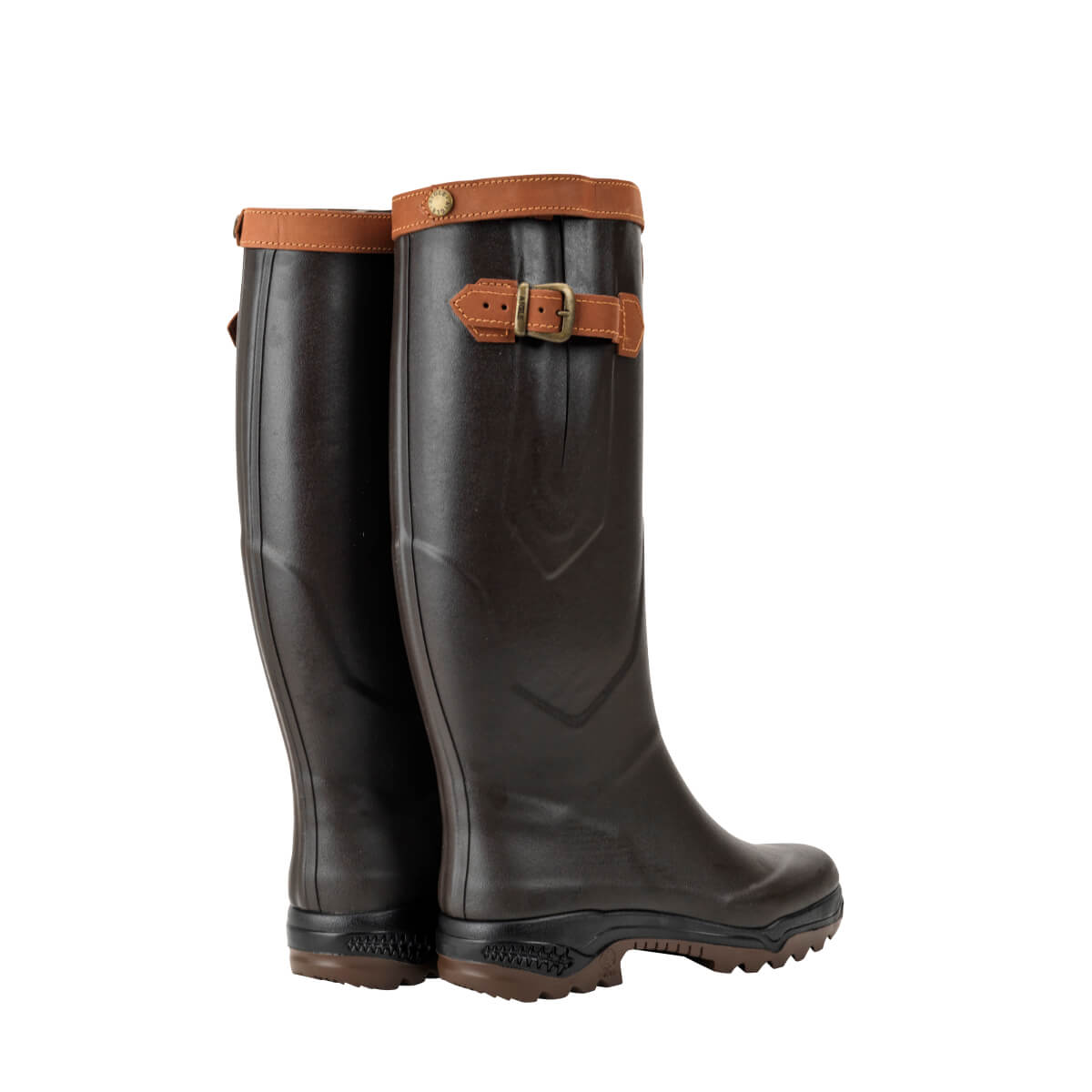 Pair of brown leather boots with brown belts on a white background