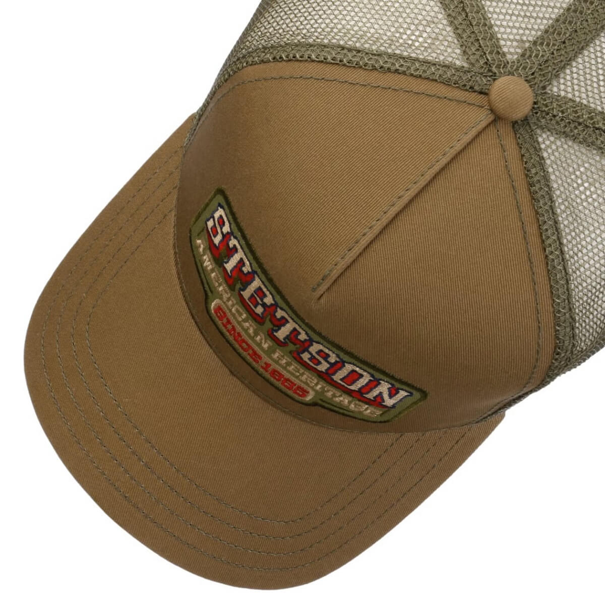 Brown cap with mesh back and embroidered logo on a white background
