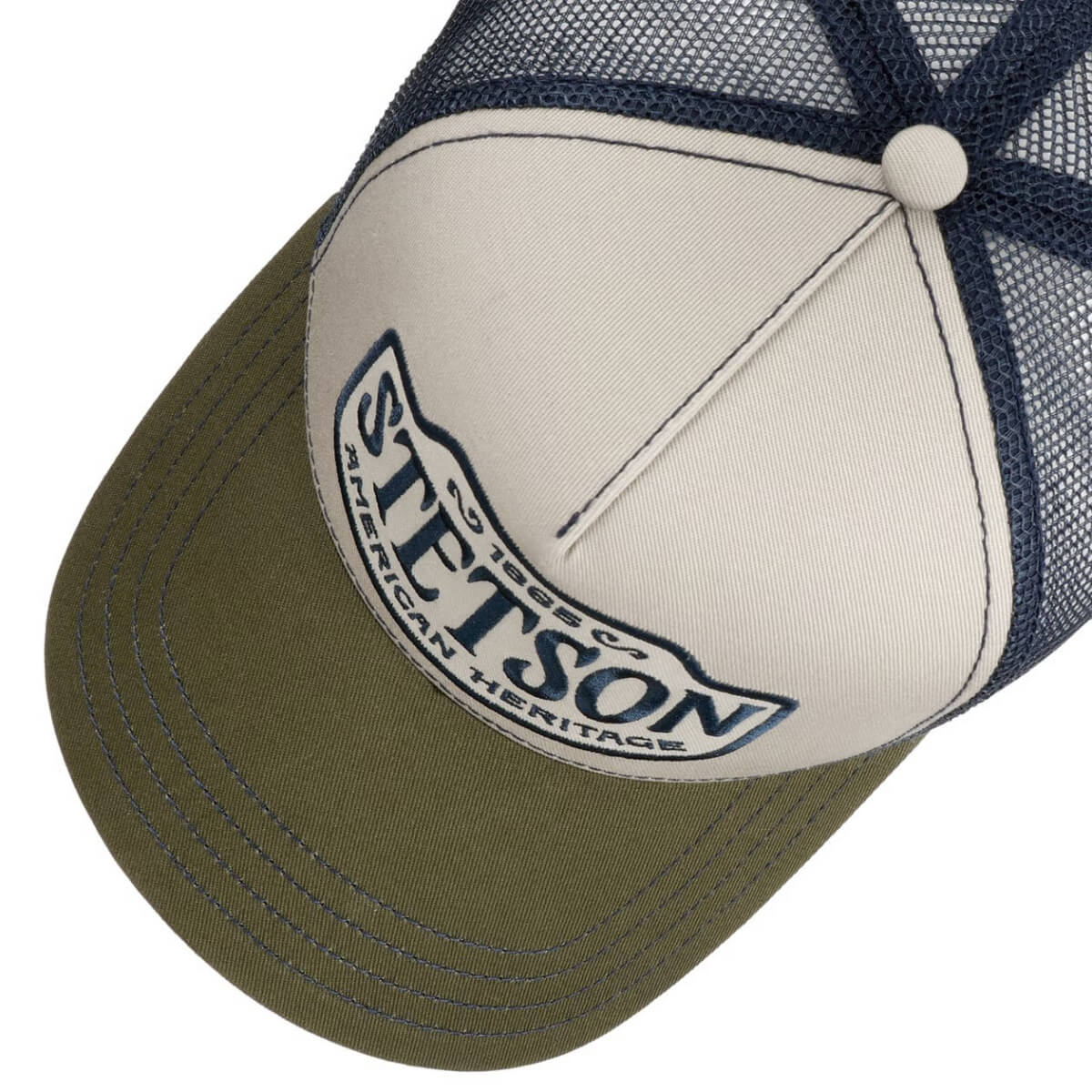 Green and beige cap with Stetson logo on a white background