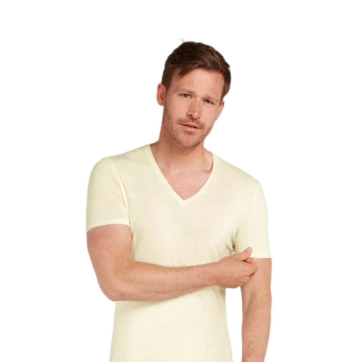 Man wearing an undyed V-neck shirt on a white background