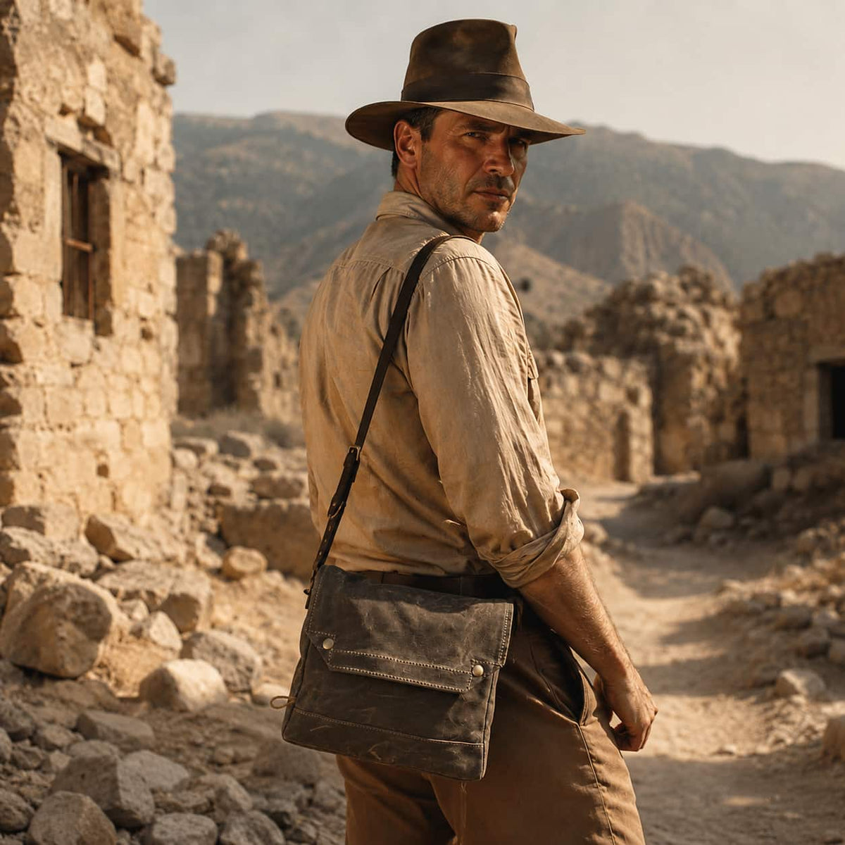 A man in a dusty safari outfit stands in a rocky desert village, wearing a brown fedora and a dark brown leather Frost River messenger bag across his chest.