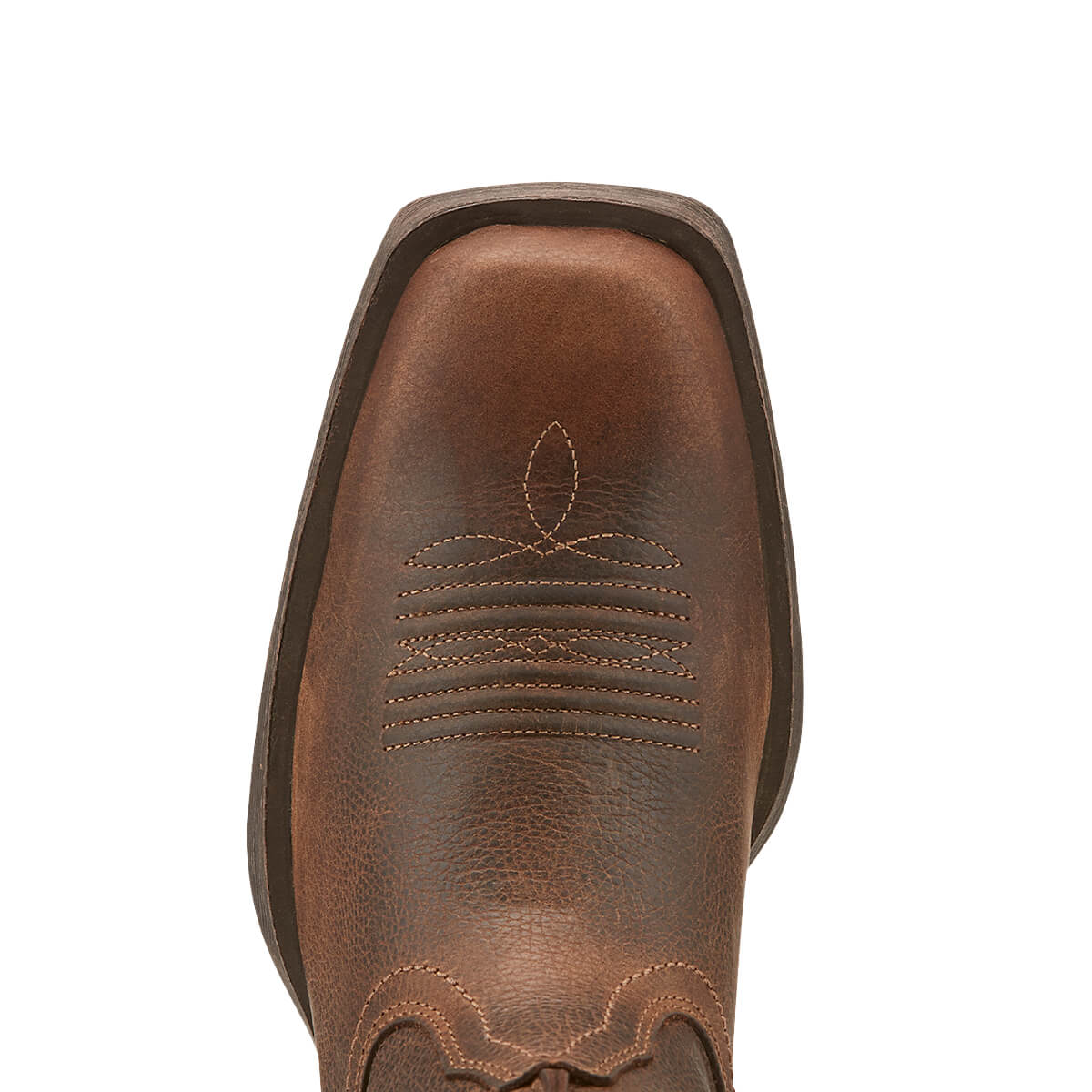 Brown leather boot with stitching detail on a white background