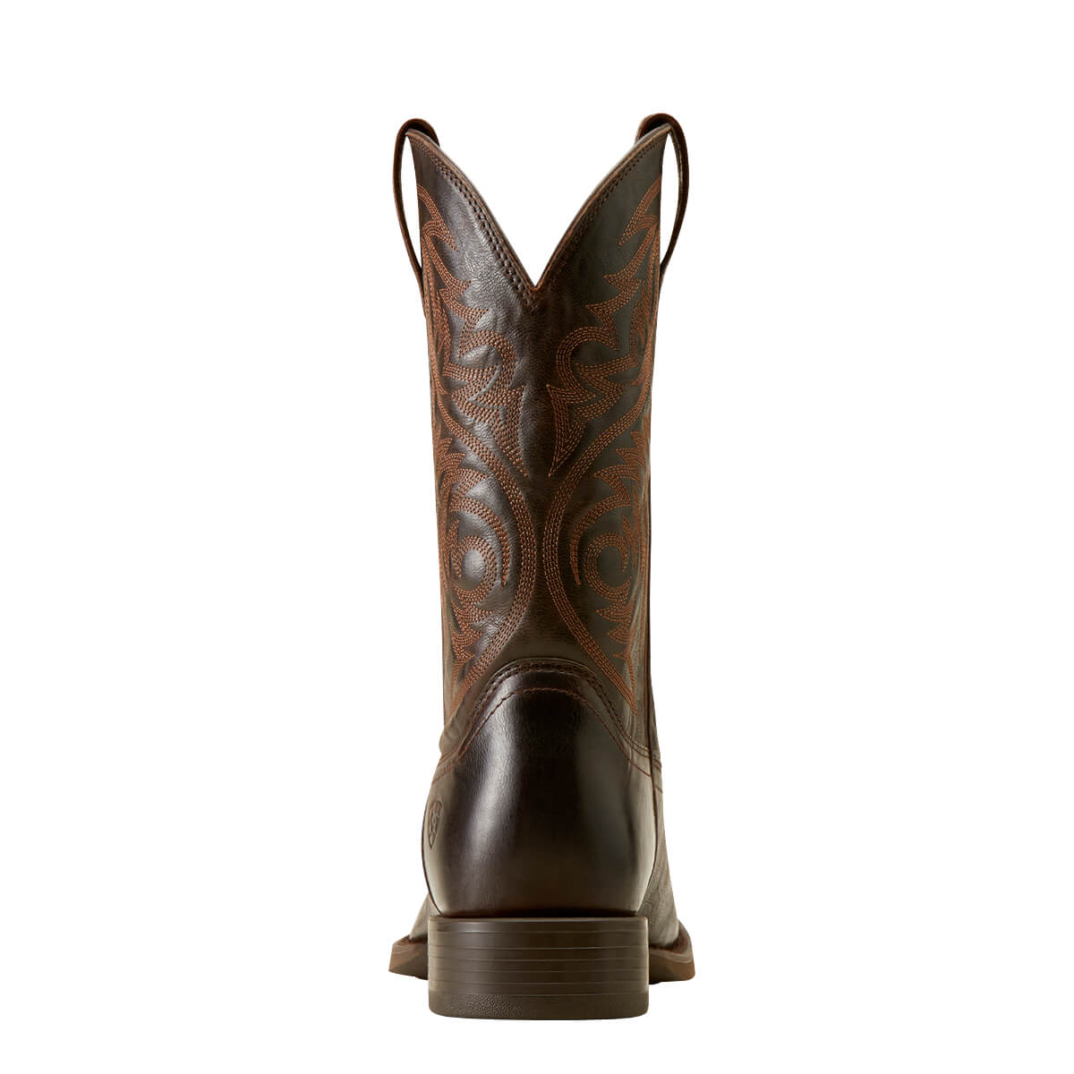 Brown cowboy boot with intricate design on a white background