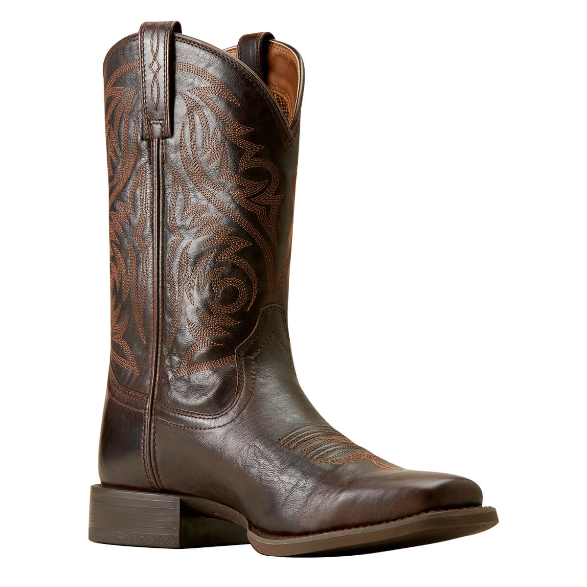 Brown cowboy boot with intricate leatherwork on a white background
