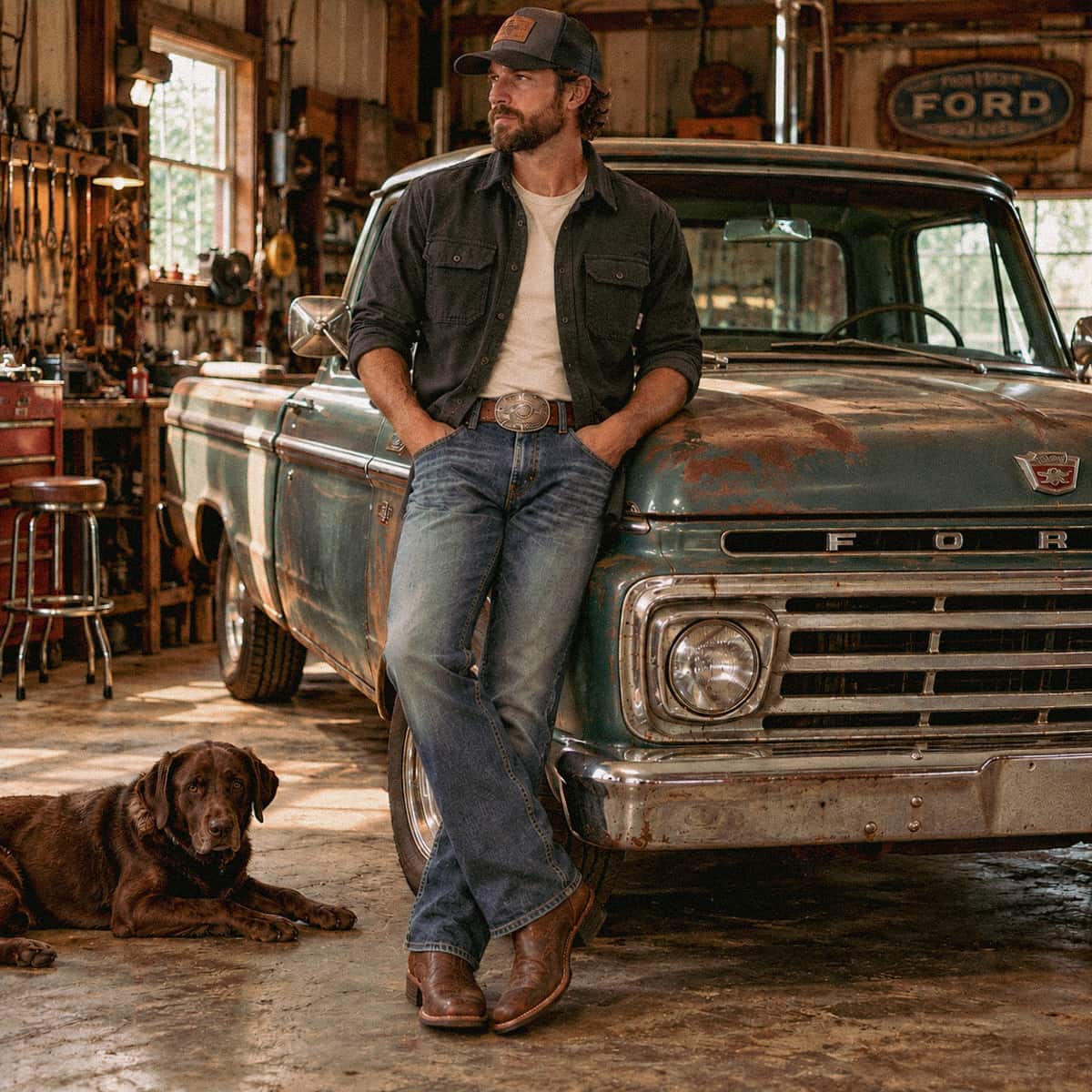 A man wearing an Iron and Resin Journeyman Moleskin Shirt, blue jeans, and brown boots leans against a vintage Ford pickup truck in a rustic garage, with a brown dog lying on the concrete floor nearby.