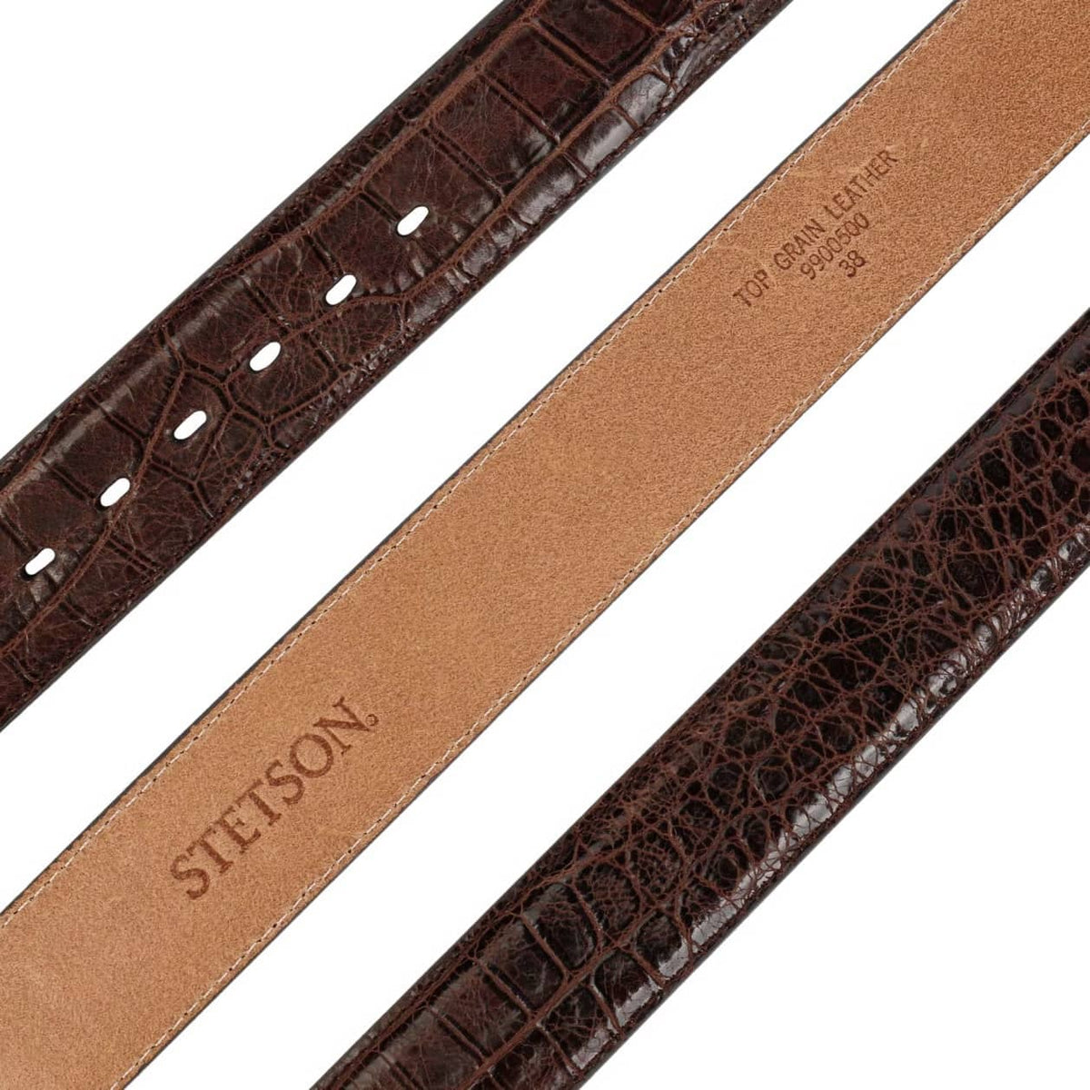 Close-up of a Stetson leather belt strap showing the tan interior with embossed brand name and the dark brown alligator-textured exterior on a white background.