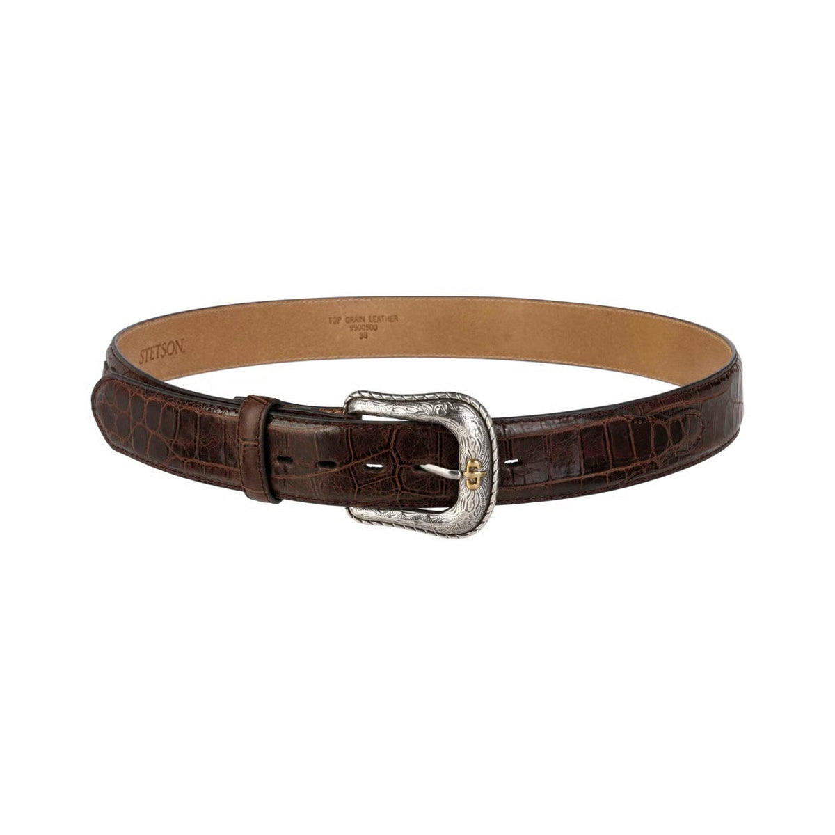 A dark brown crocodile-embossed leather belt with a silver-toned metal buckle, displayed on a clean white background.