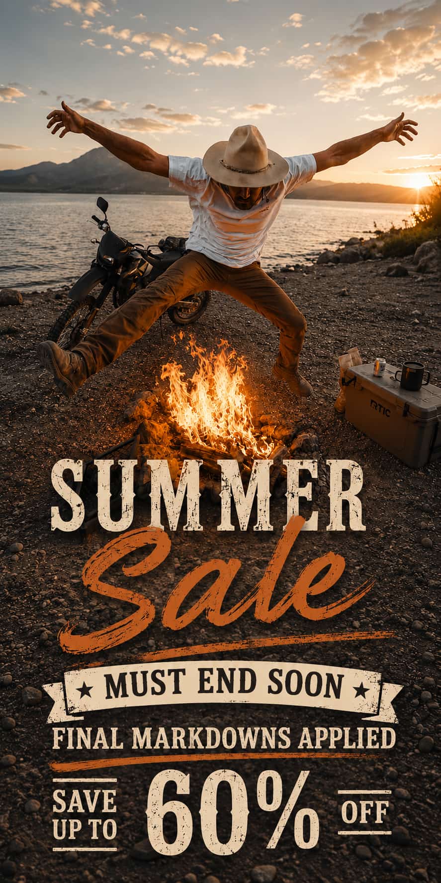 A Natural Man promotional summer sale graphic over a camping lifestyle scene at sunset. A person wearing a cowboy hat and white shirt crouches around a campfire on a rocky lakeshore, with a motorcycle and cooler nearby.