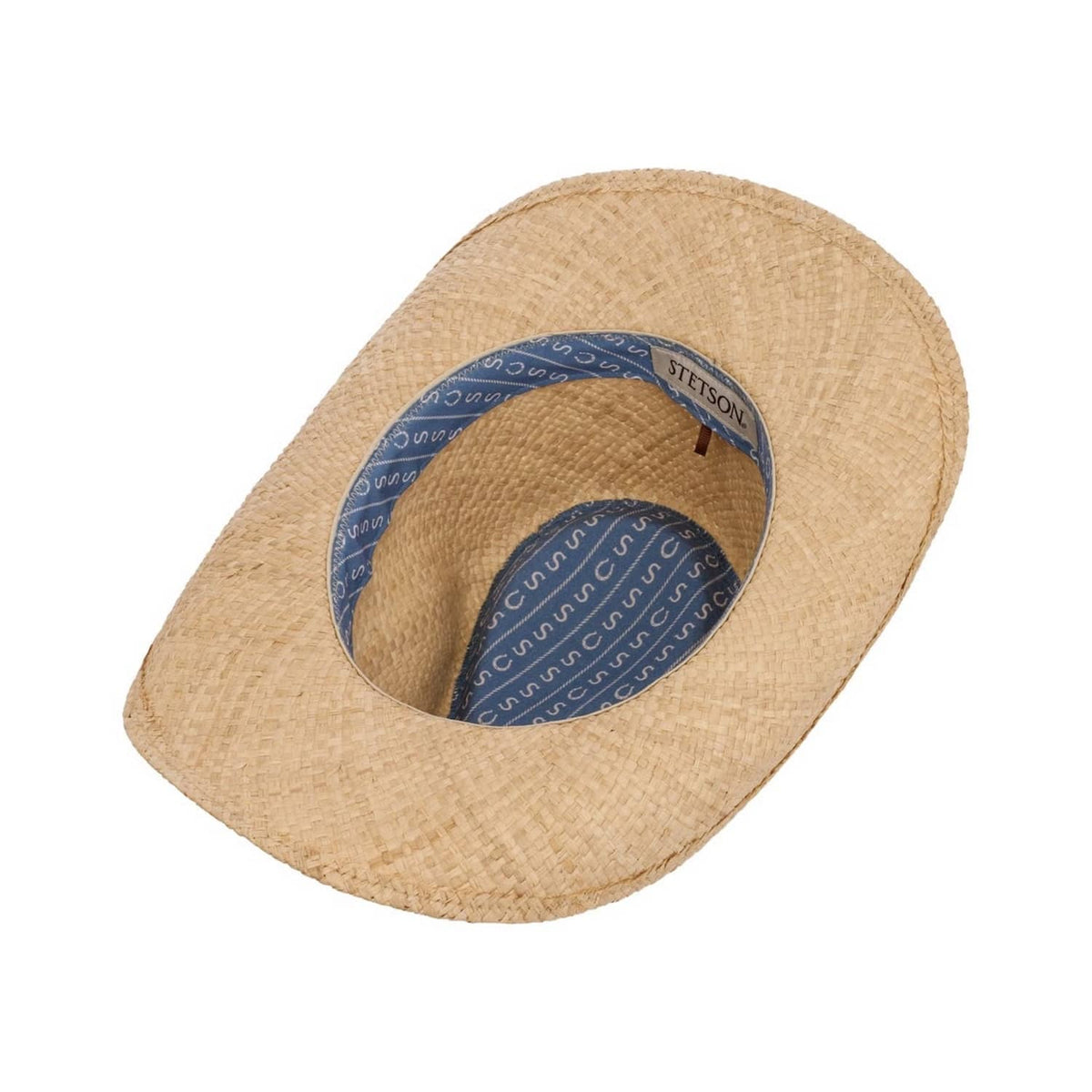 Inside of straw cowboy hat with blue band on a white background