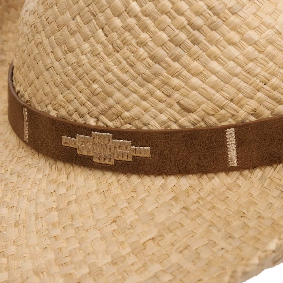Close-up of a straw cowboy hat with a brown band featuring a Stetson logo.