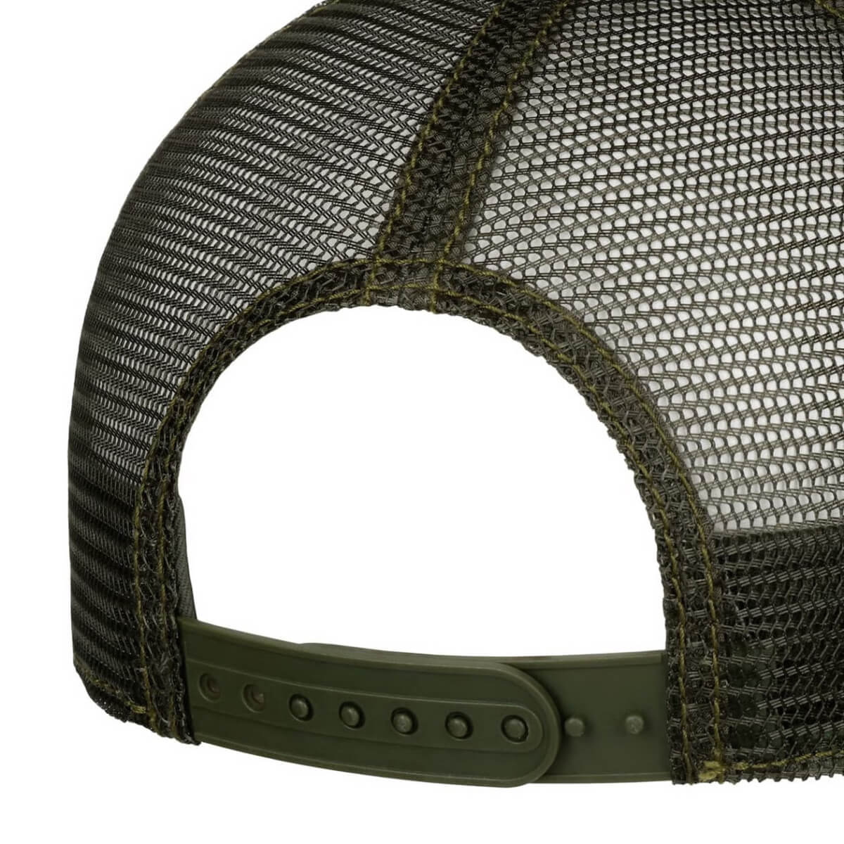 Close-up of a green mesh cap with a white background