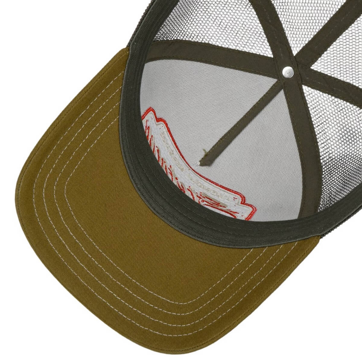 Brown cap with mesh back and red logo on a white background