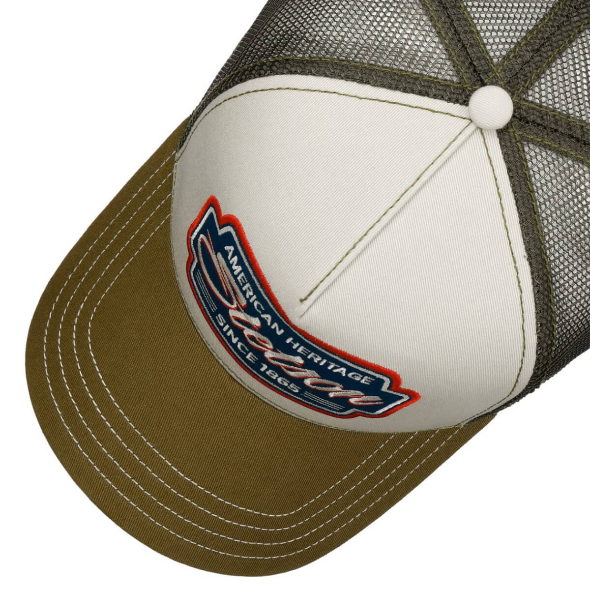 Baseball cap with mesh back and embroidered logo on a white background