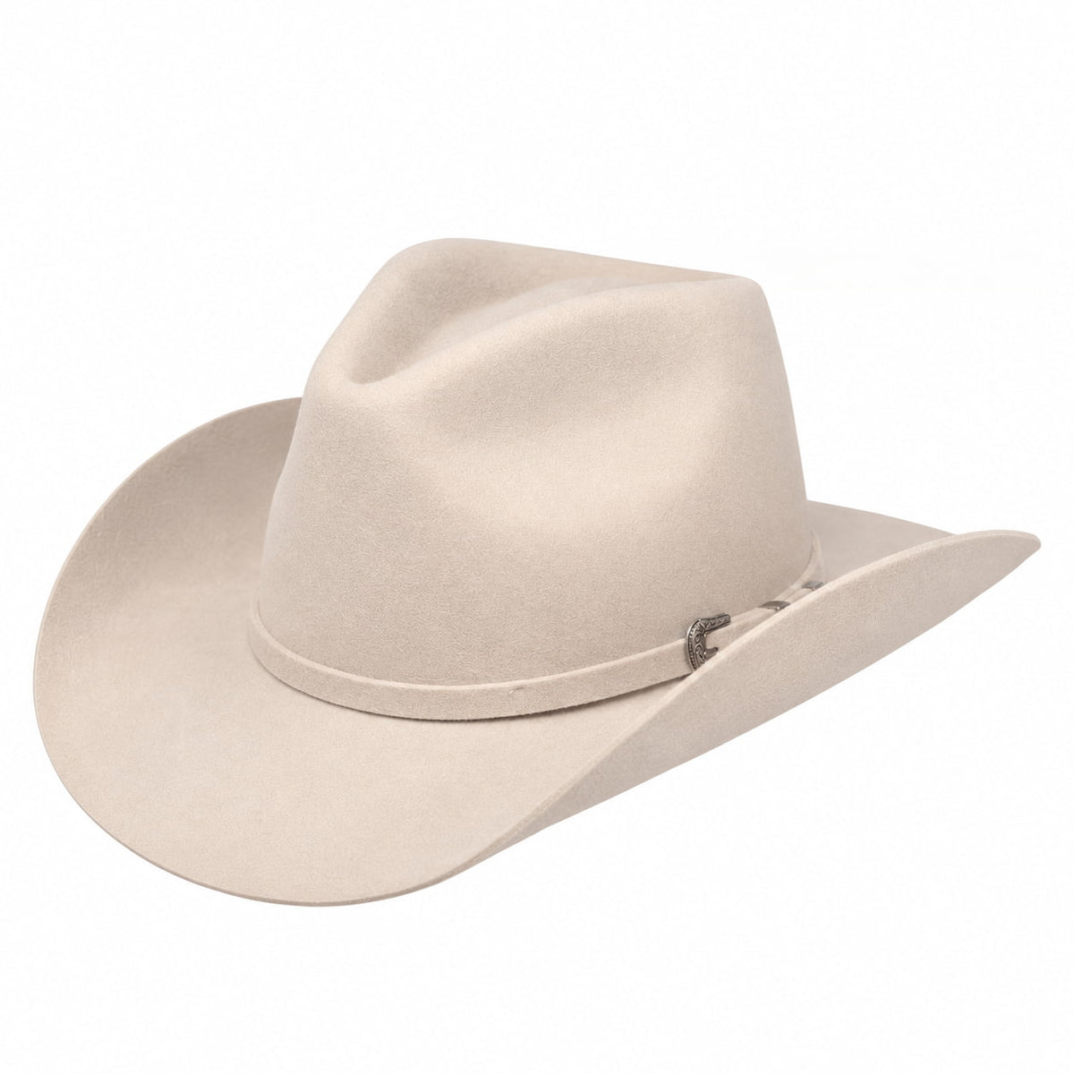 A light beige Stetson felt cowboy hat with a curved brim and a small silver decorative accent on the side band, shown against a plain white background.