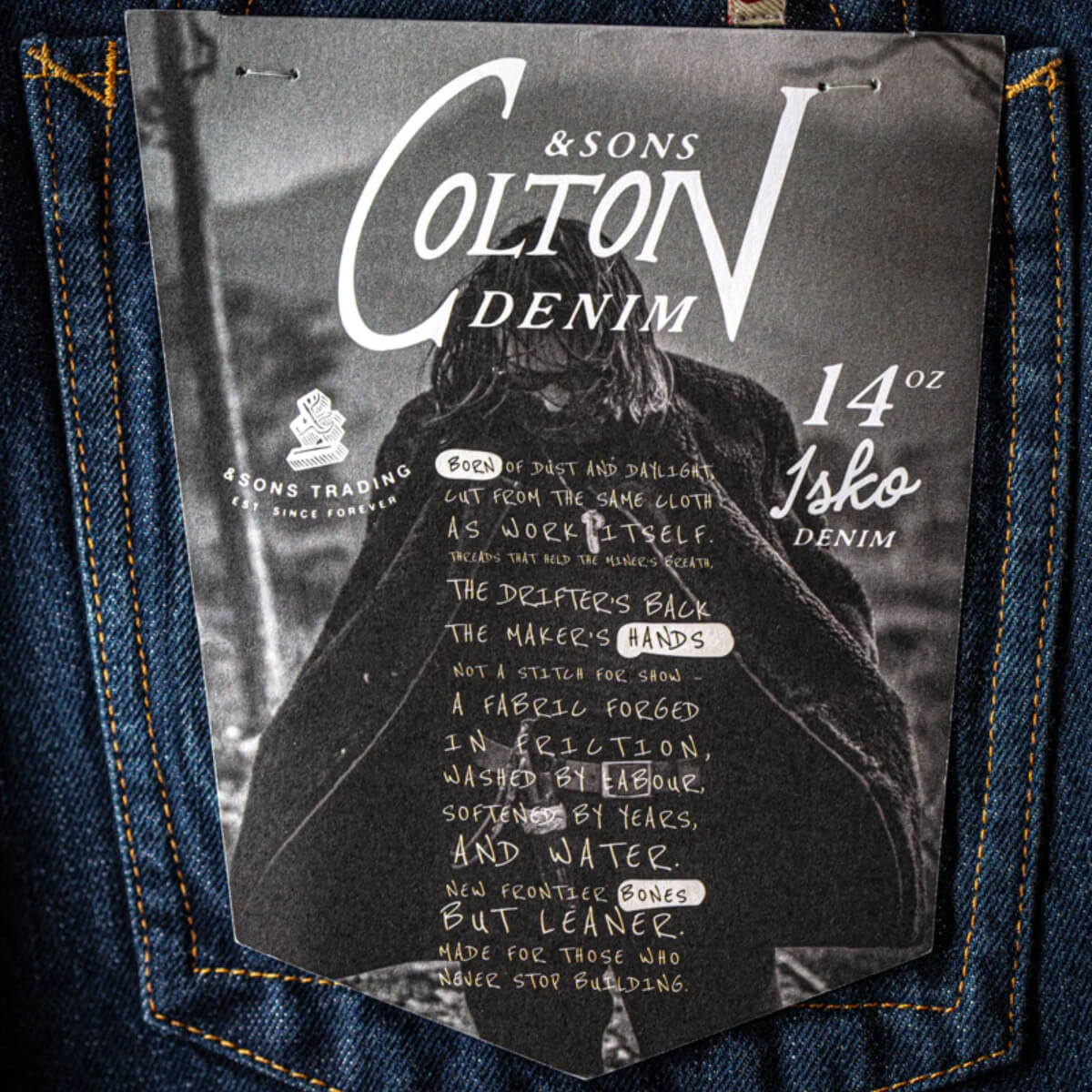 Denim label with 'Colton & Sons Denim' text and details on a denim background