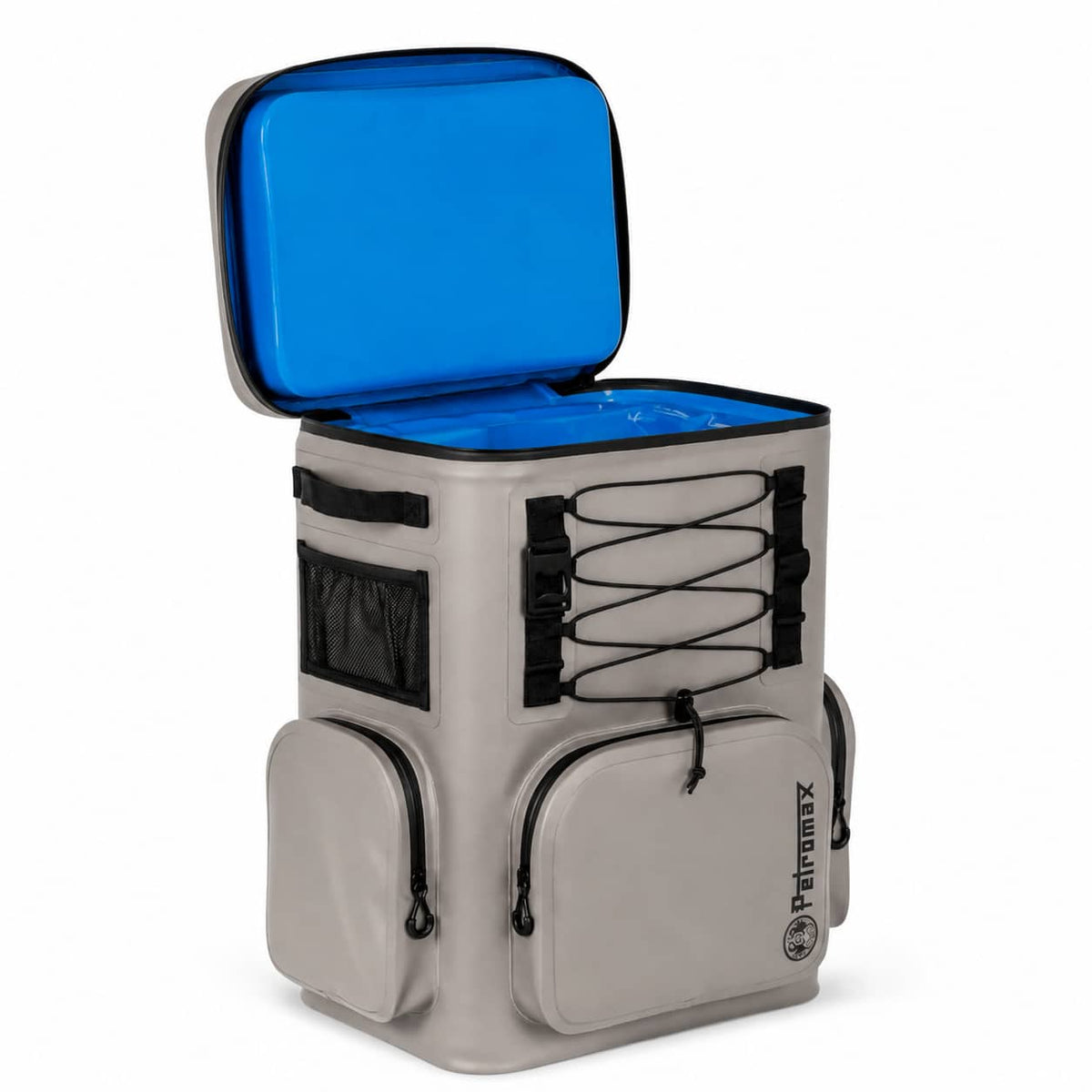 A gray soft-sided cooler bag with an open lid showing a bright blue interior, featuring black lacing, mesh side pocket, and front zippered pockets. The Petromax logo is visible on the lower right front pocket.