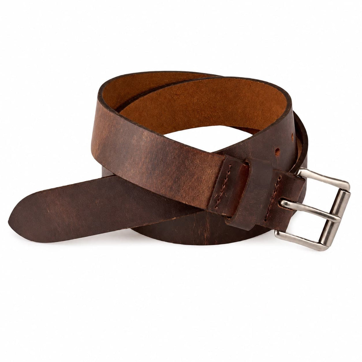 A Red Wing Copper Rough and Tough leather belt with a silver-tone double buckle, coiled on a white background.