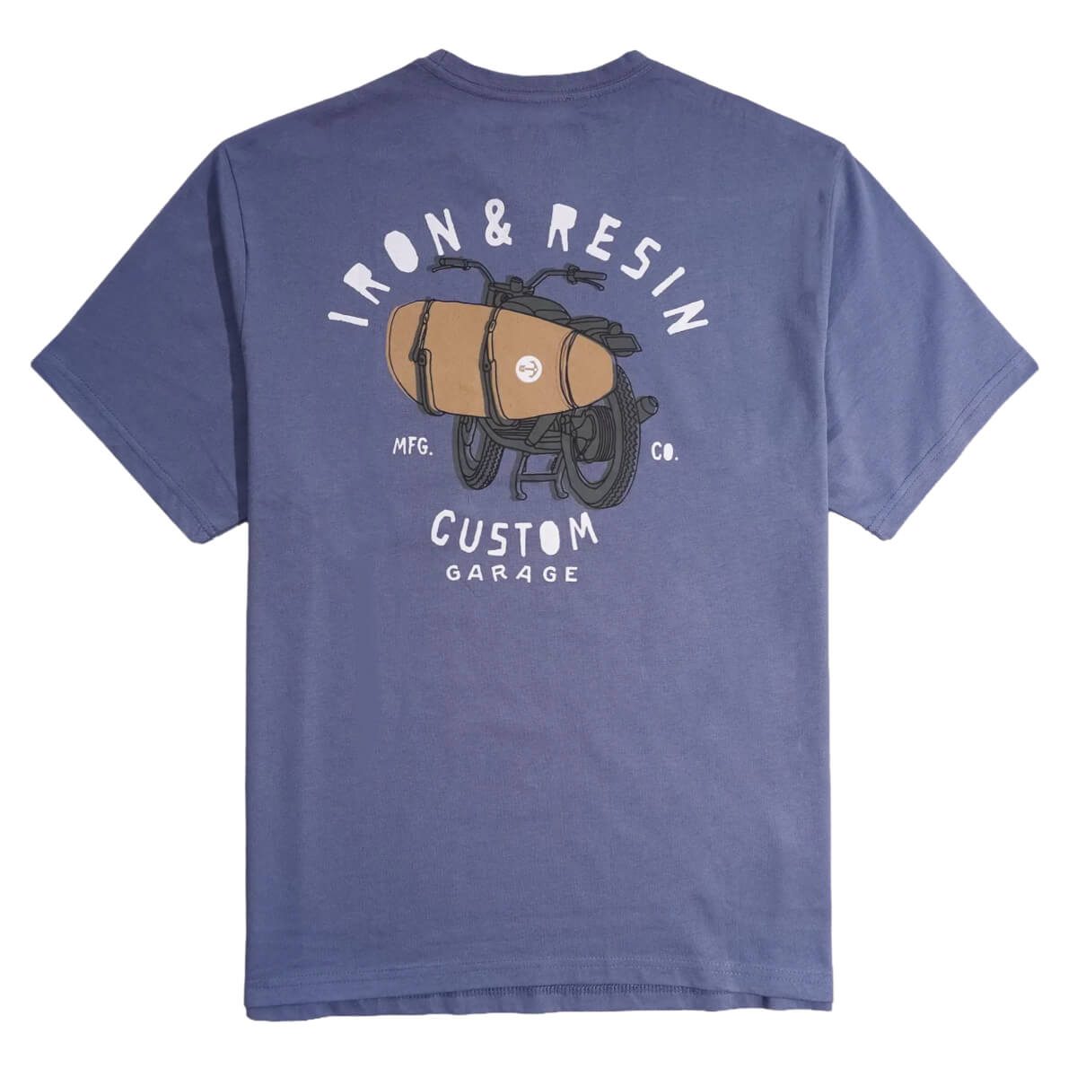 Blue t-shirt with 'Iron & Resin' graphic on the back