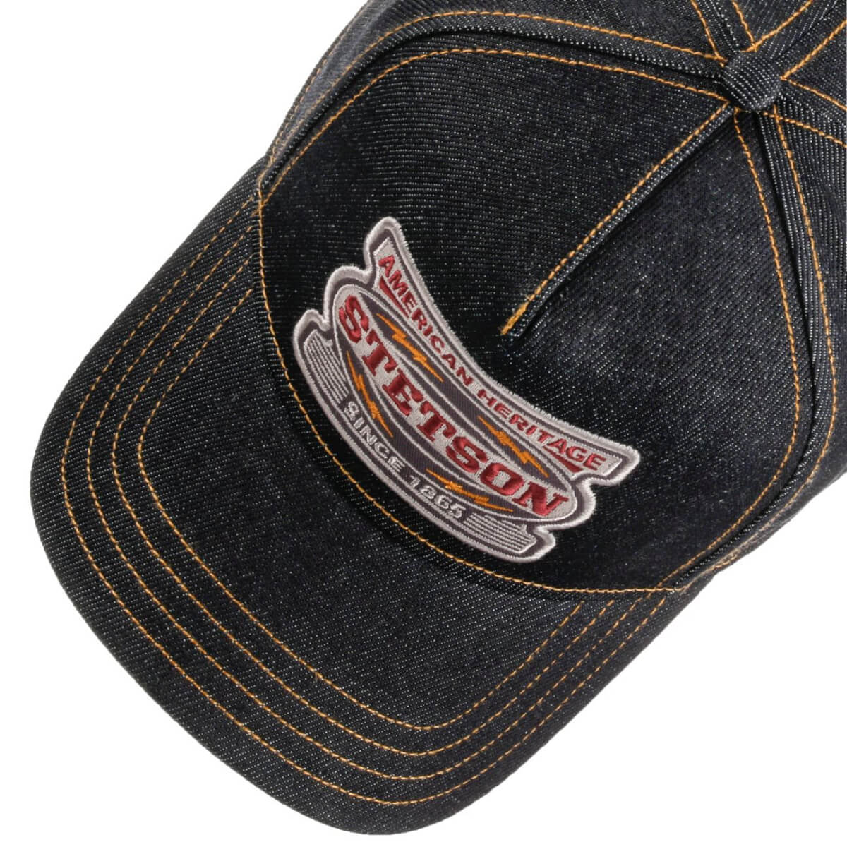 Black denim cap with a brand logo on a white background