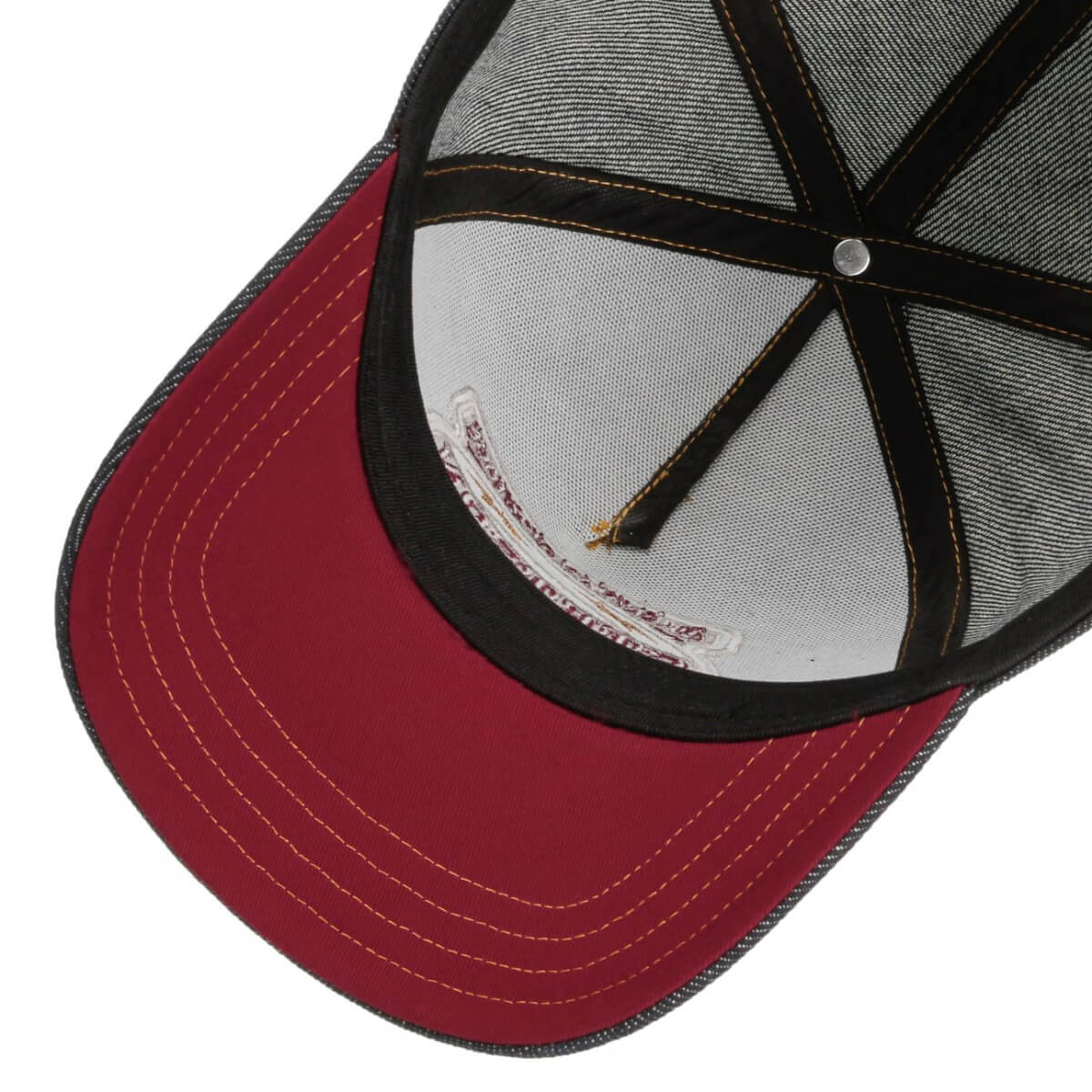 Close-up of a red and gray cap with mesh back on a white background
