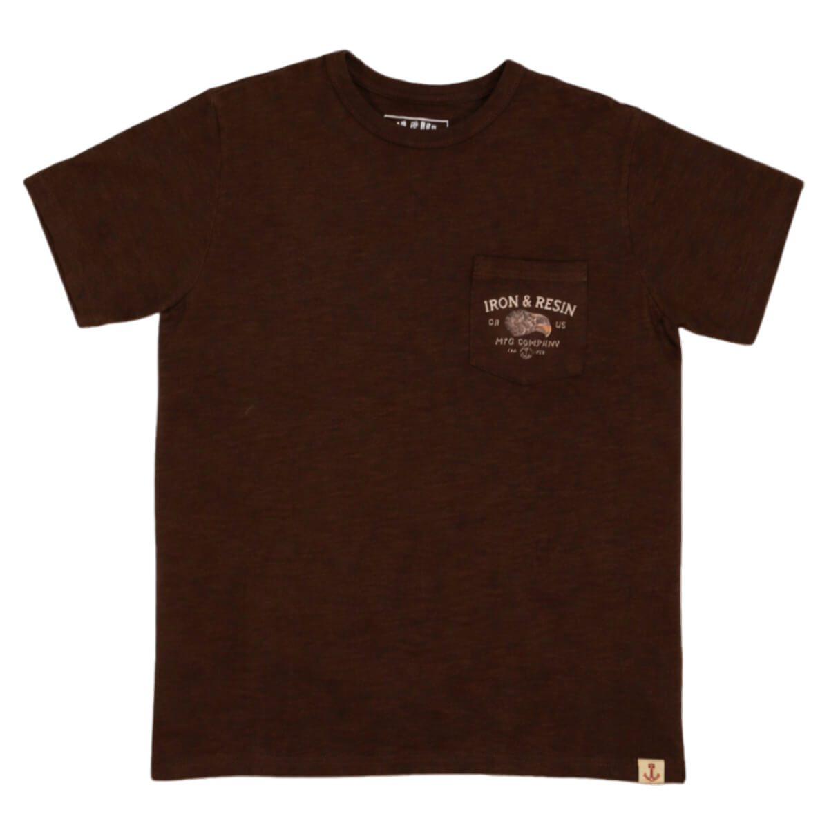Brown t-shirt with a pocket and visible branding on a white background