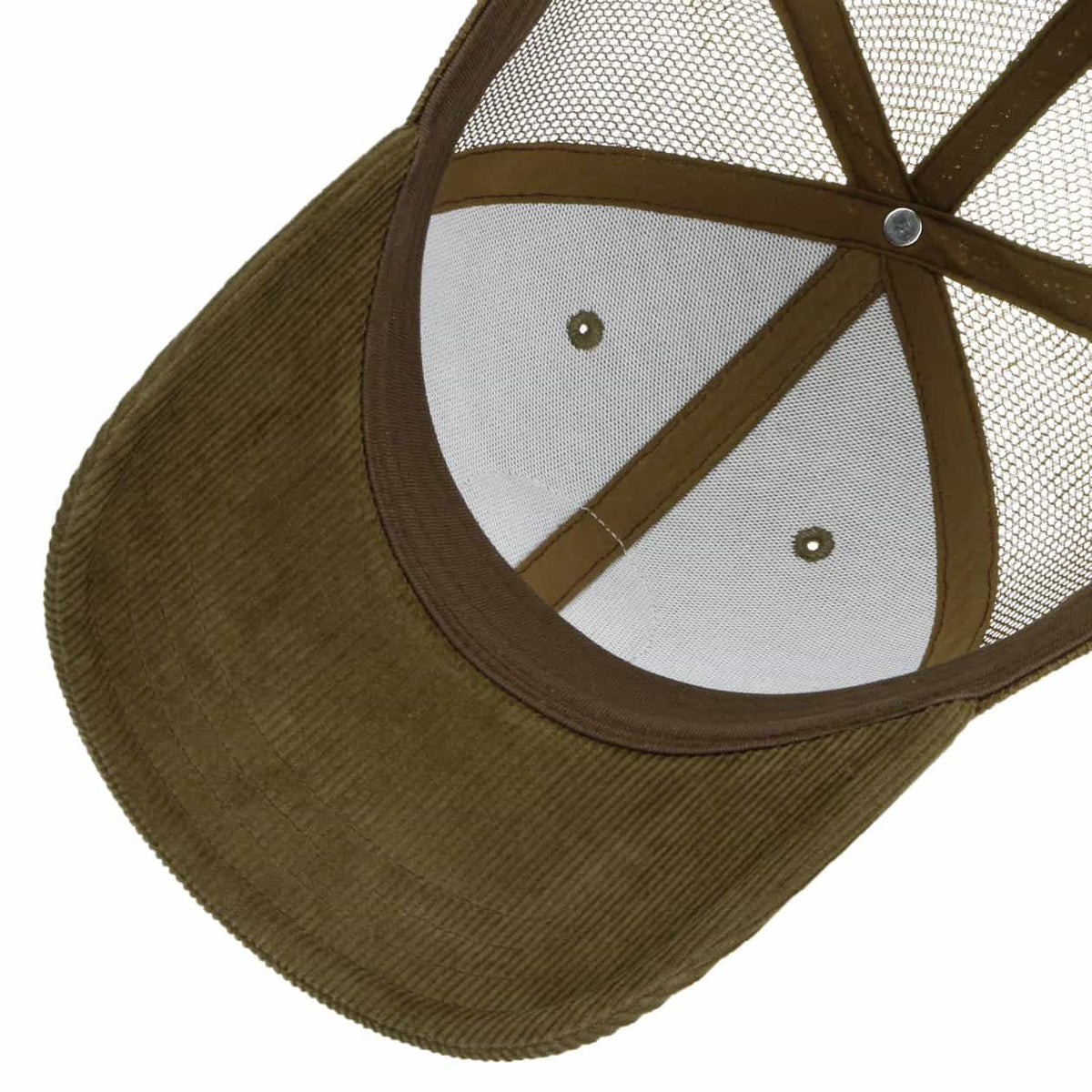 Close-up of the back of a trucker-style cap showing a brown corduroy visor, brown mesh back panels, and brown interior trim against a white background.