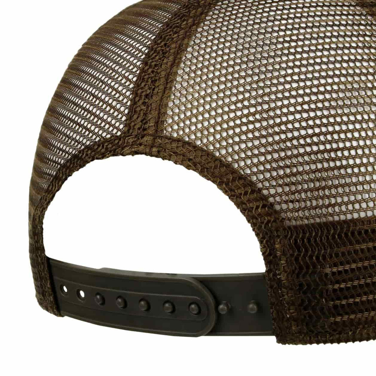 Close-up of the back of a brown mesh trucker cap with a dark adjustable strap and metal rivets, isolated on a white background.