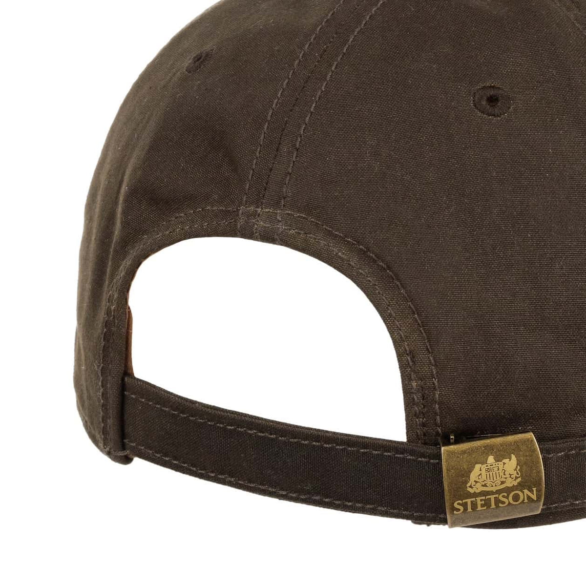 Close-up rear view of a dark brown Stetson cap showing the adjustable strap and a gold-tone brand patch.