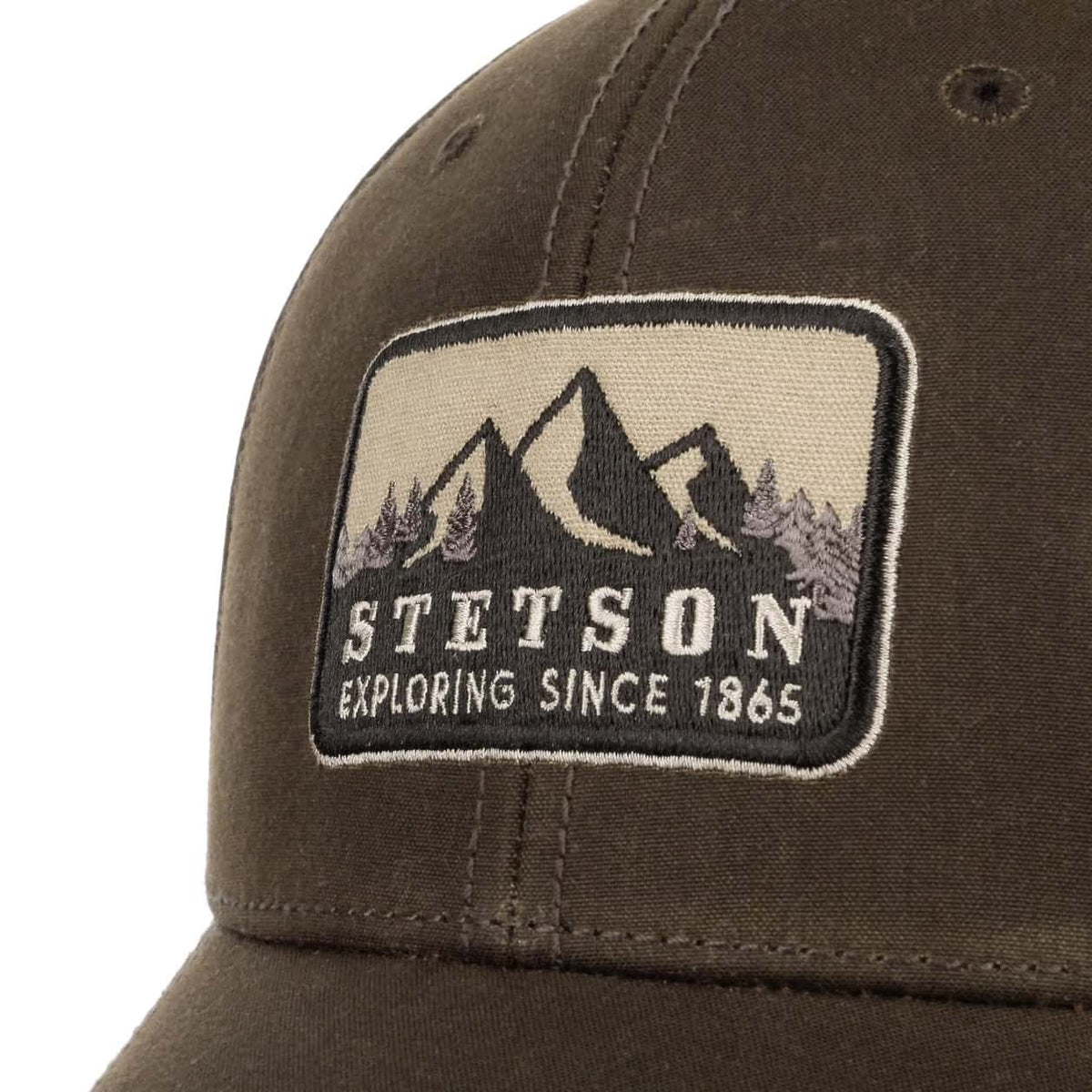 Brown cap with Stetson logo and mountain design on a white background