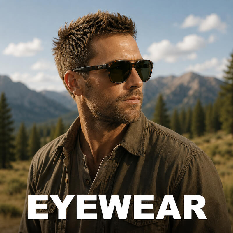 Man wearing Vallon sunglasses with mountains and trees in the background