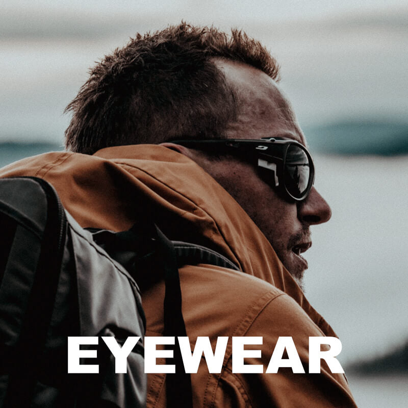 Man wearing sunglasses with 'EYEWEAR' text overlay