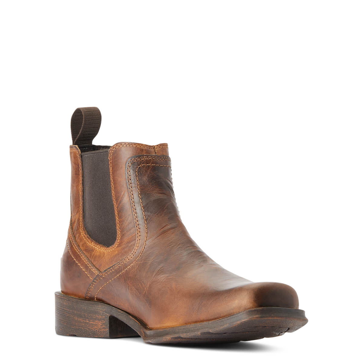 Brown leather boot with a white background