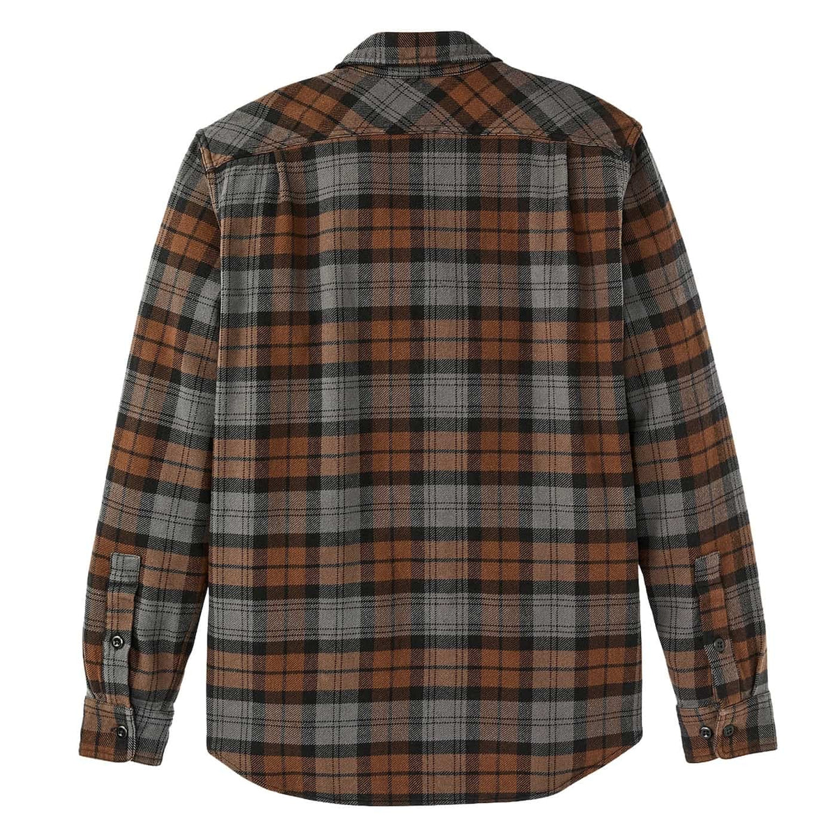 A long-sleeve plaid Filson flannel shirt shown from the back, featuring a pattern of brown, gray, and black intersecting stripes.