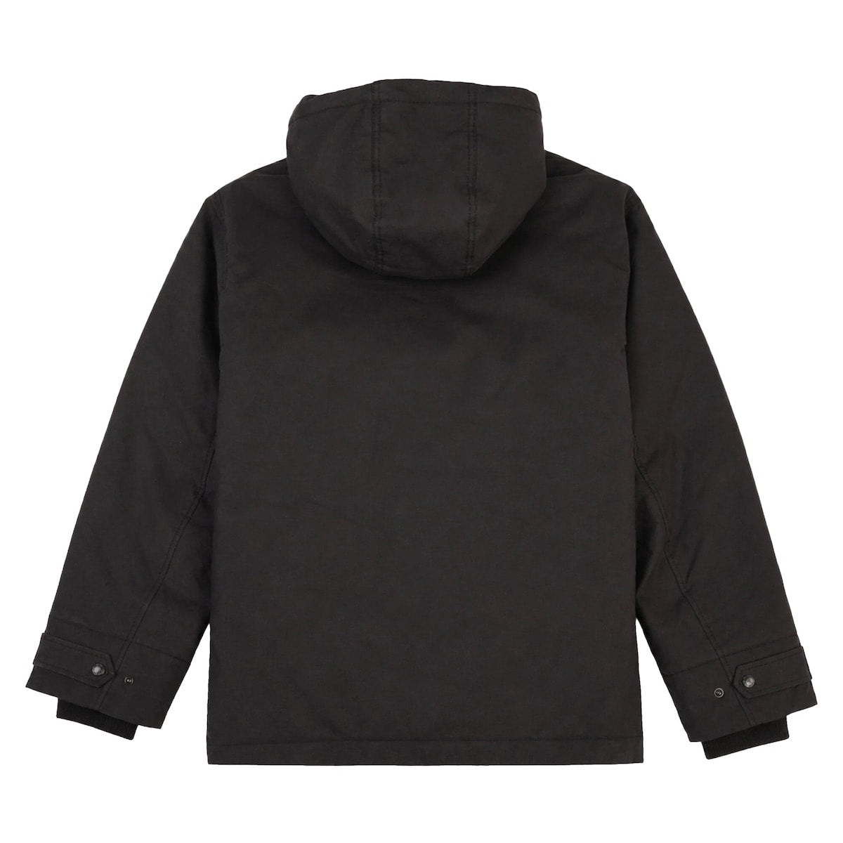 A black Filson Waxed Mountain Parka shown from the back, featuring a simple stitched hood and buttoned cuffs, photographed against a solid white background.