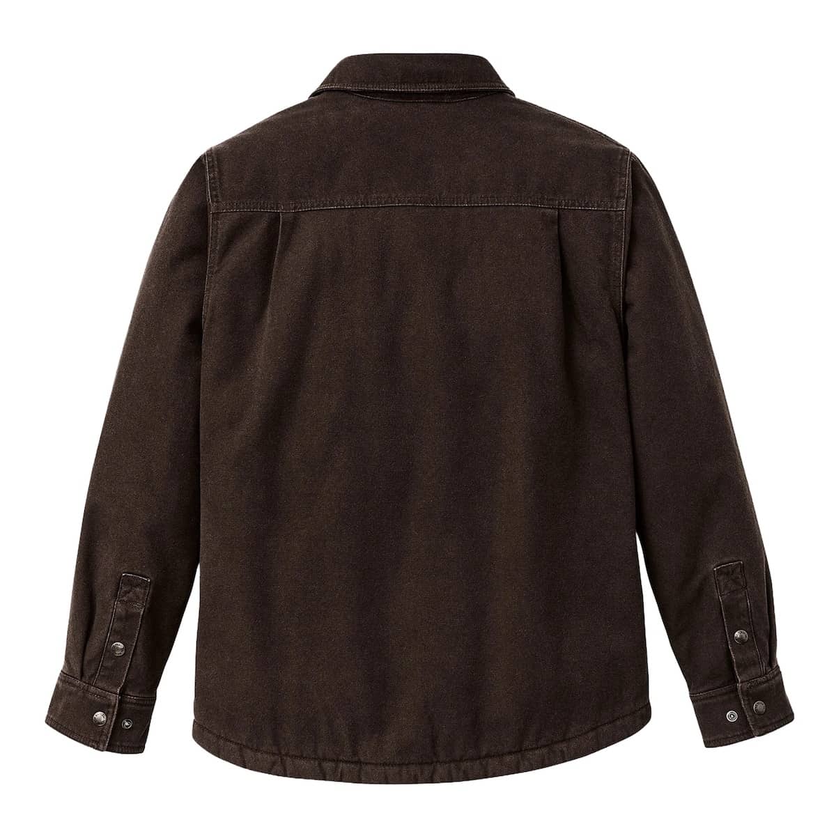 A dark brown Filson Fleece Lined Jac-Shirt shown from the back, featuring a collar, stitched shoulder seams, and buttoned cuffs, set against a plain white background.